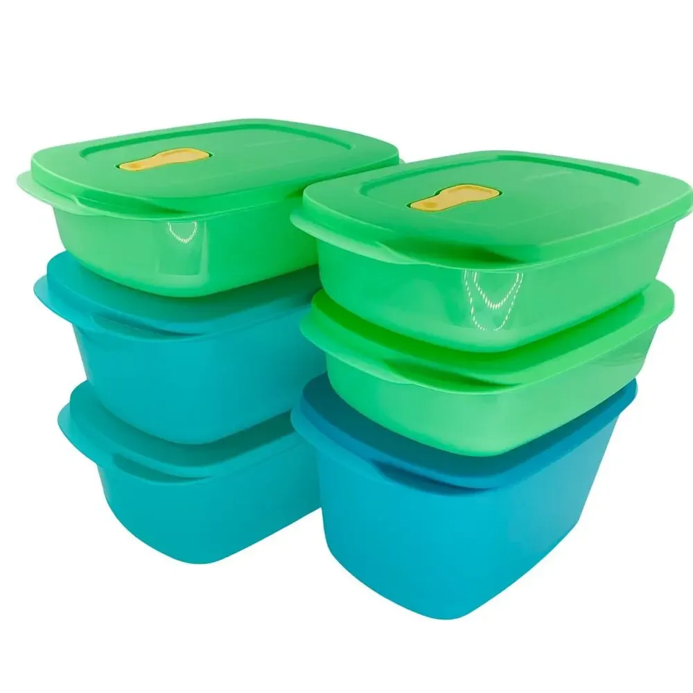 Tupperware Crystalwave Plus 12 Piece 6 Bowls Lids Green Blue Plastic Rectangle